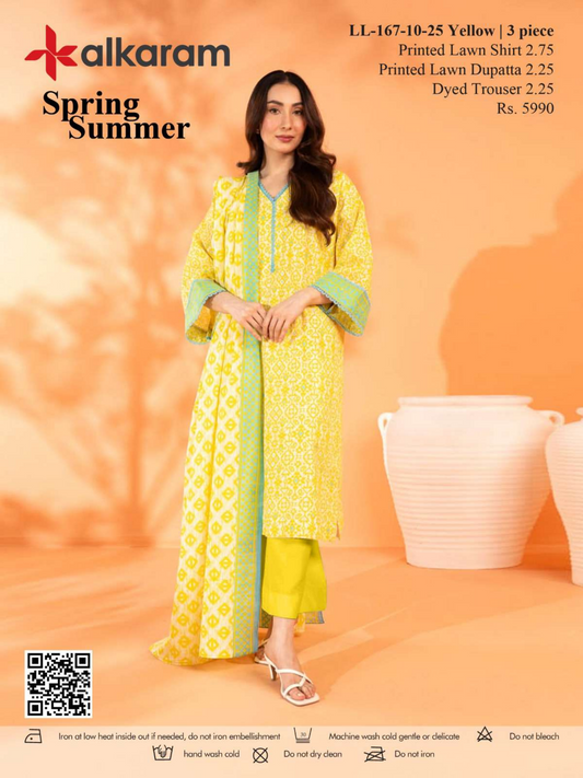 Alkaram 3 PCs Yellow Printed Lawn Unstitched Collection