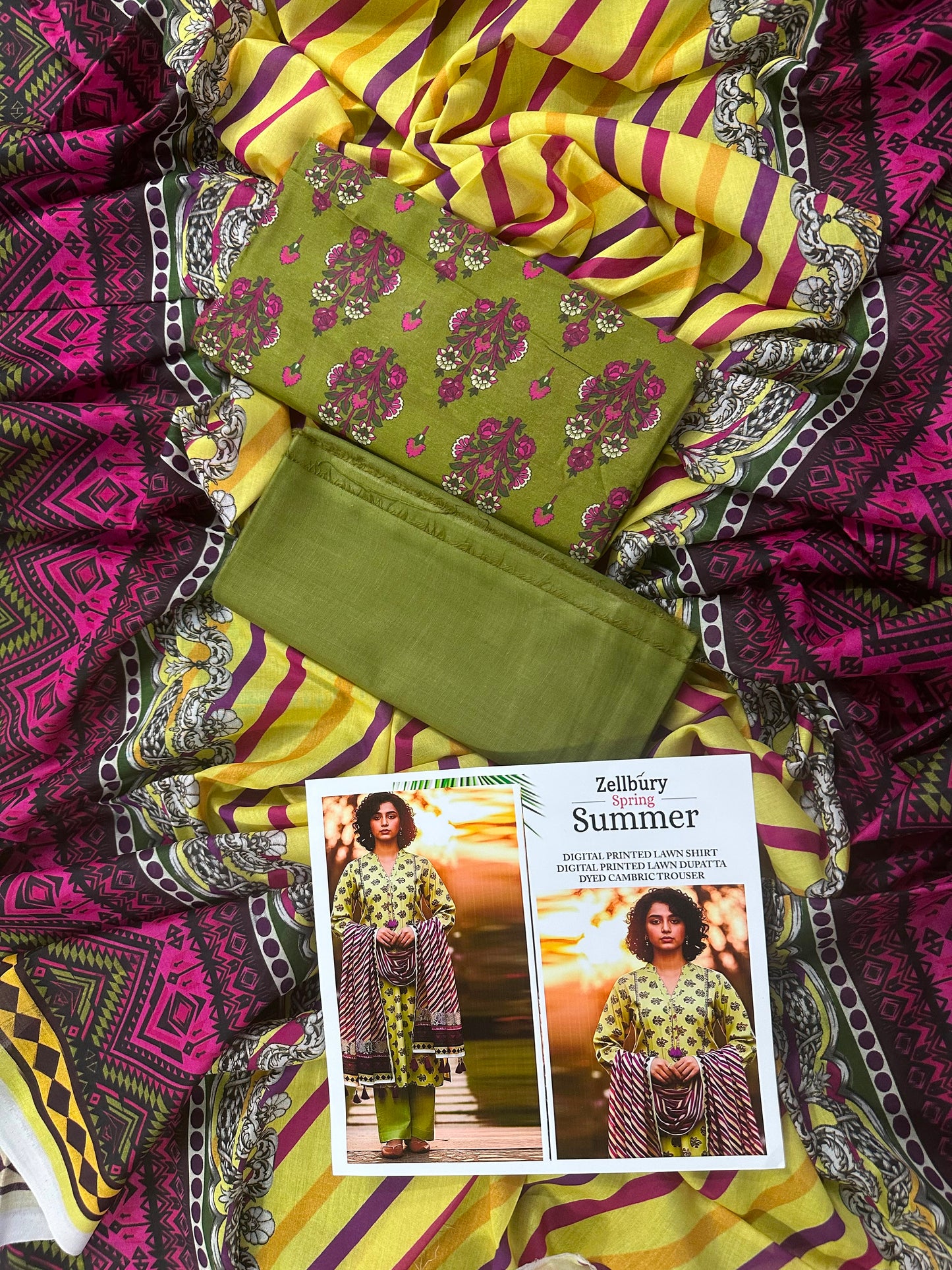Zellbury Dark Green Printed Spring Summer 3Pcs