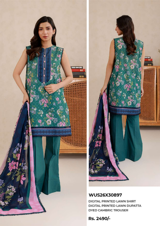 ZELLBURY Unstitched 3pcs Lawn Collection D.C:- WUS26X30897
