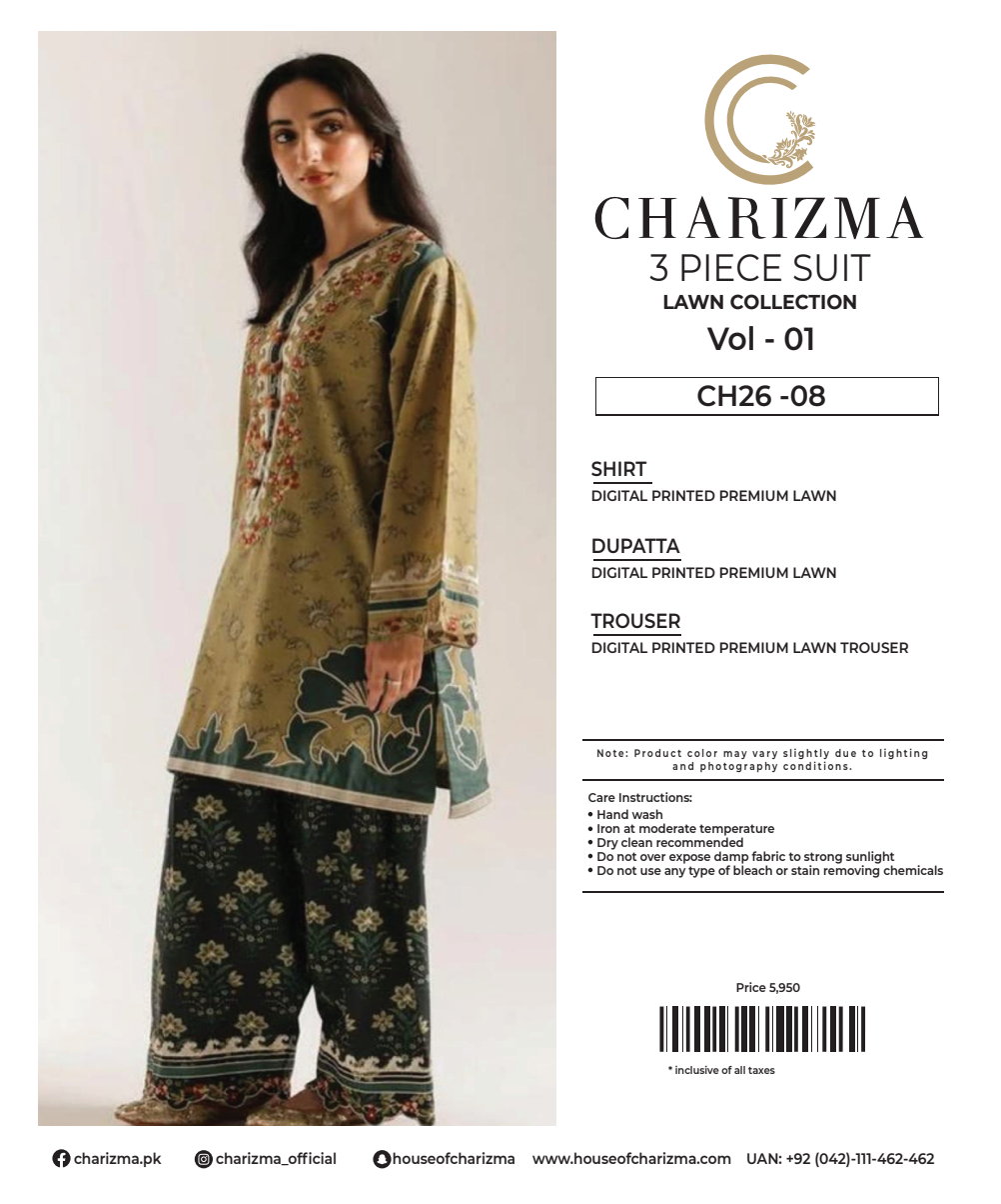 CHARIZMA LAWN UNSTITCHED COLLECTION – Vol 1_CH26-08