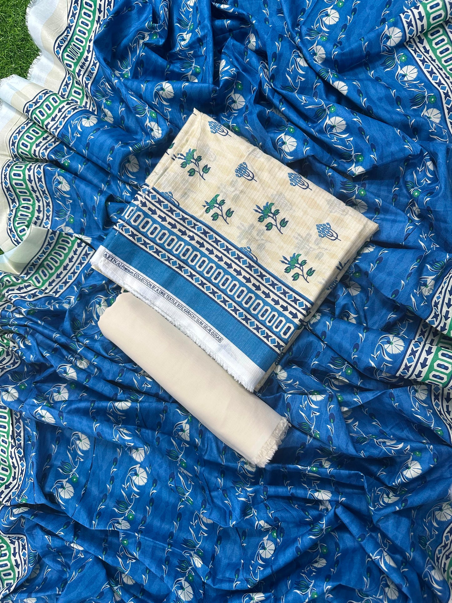 SAFINA BEIGE-BLUE PRINTED 3PCS