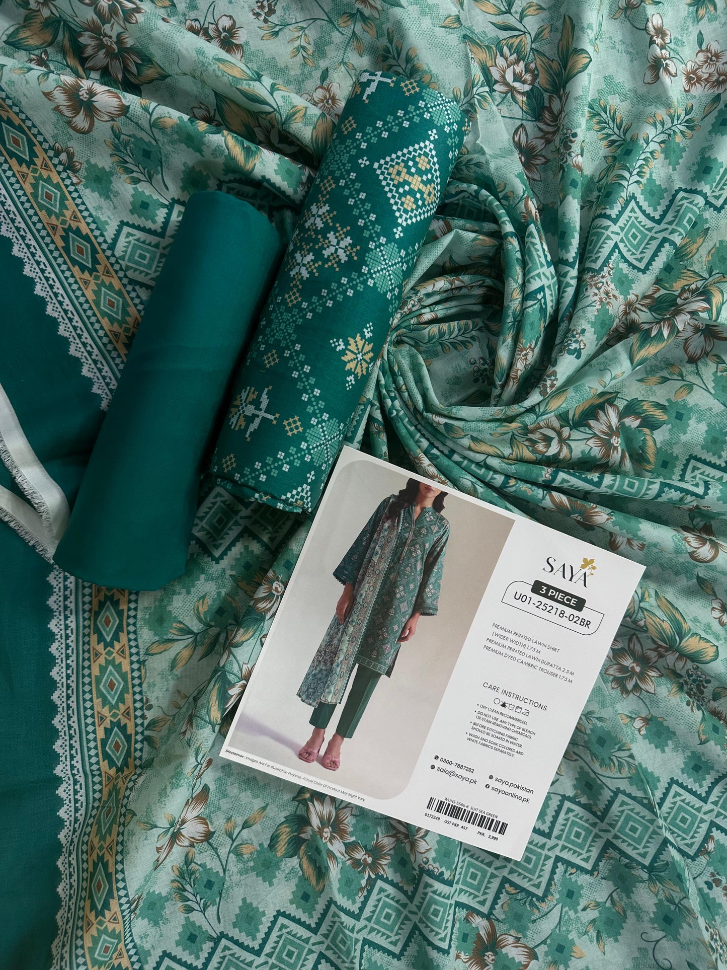 Saya D.C:- U01-25218-02BR - 3 Pcs Printed Lawn