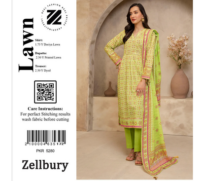 Zellbury Doriya Lawn 3 Pcs Unstitched Collection D.C:- WUS25X30121