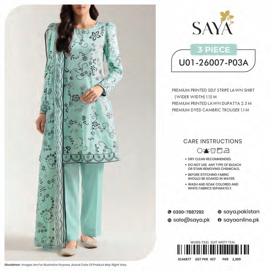 🔰💖 SAYA SUMMER COLLECTION 💖🔰 🌞👗 3 PIECE UNSTITCHED LAWN 👗🌞
U01-26007-P03A