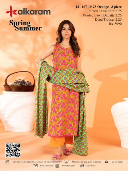 Alkaram 3 PCs Orange Printed Lawn Unstitched Collection