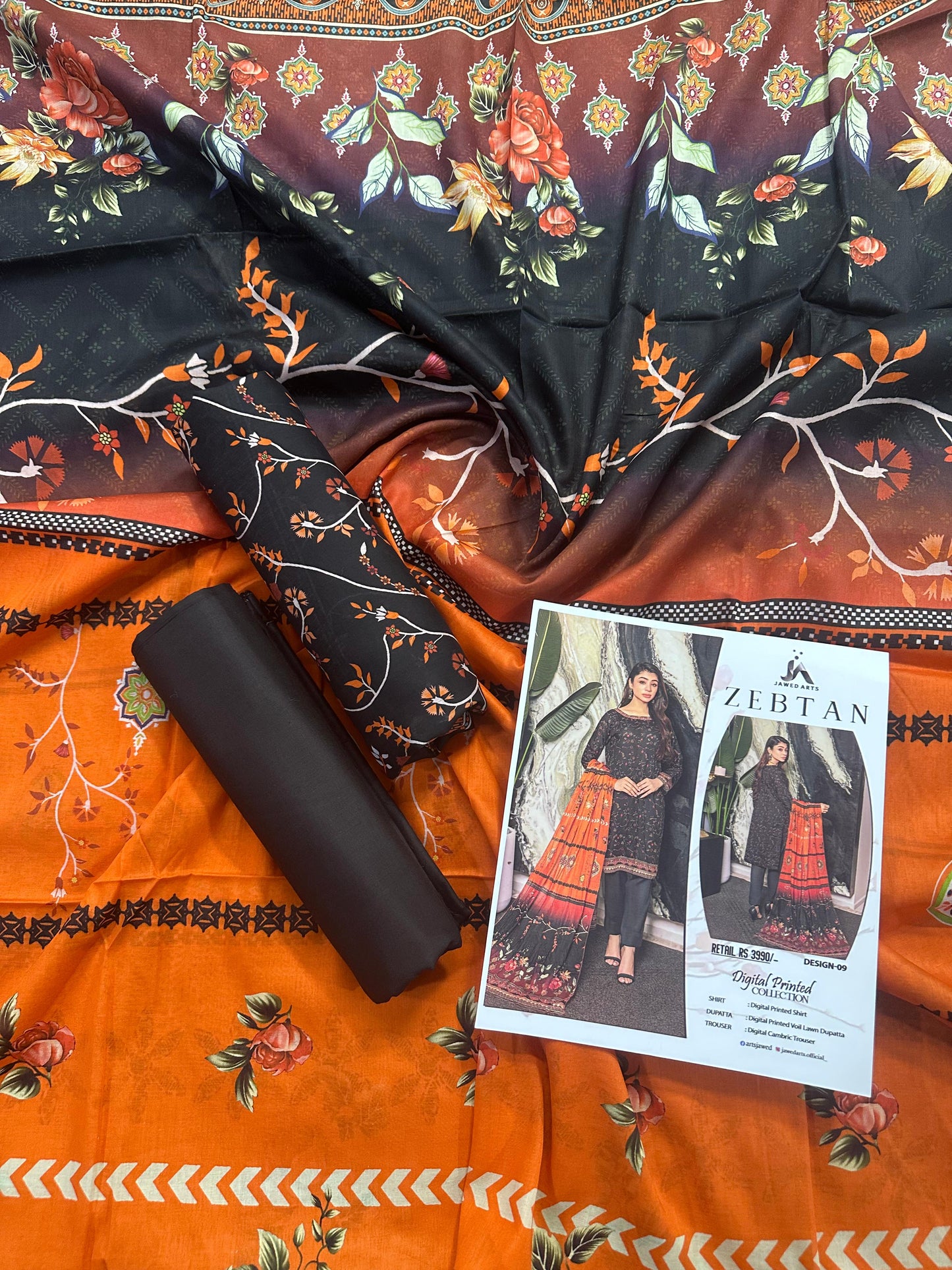 JAWED ARTS ZEBTAN –  3PC UNSTITCHED SUIT Design: 9
