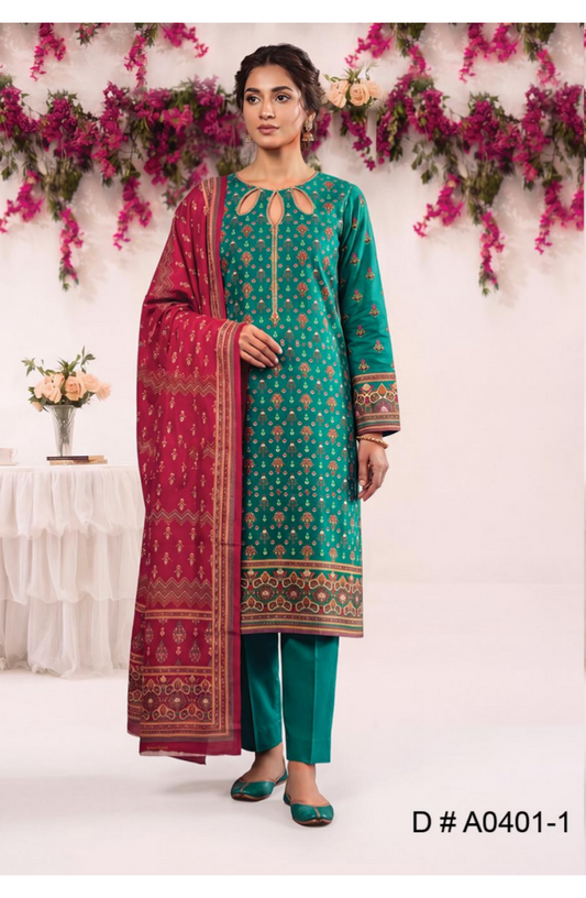 MJ D #A0401-1 – Gold Paste Printed Lawn 3Pcs Collection