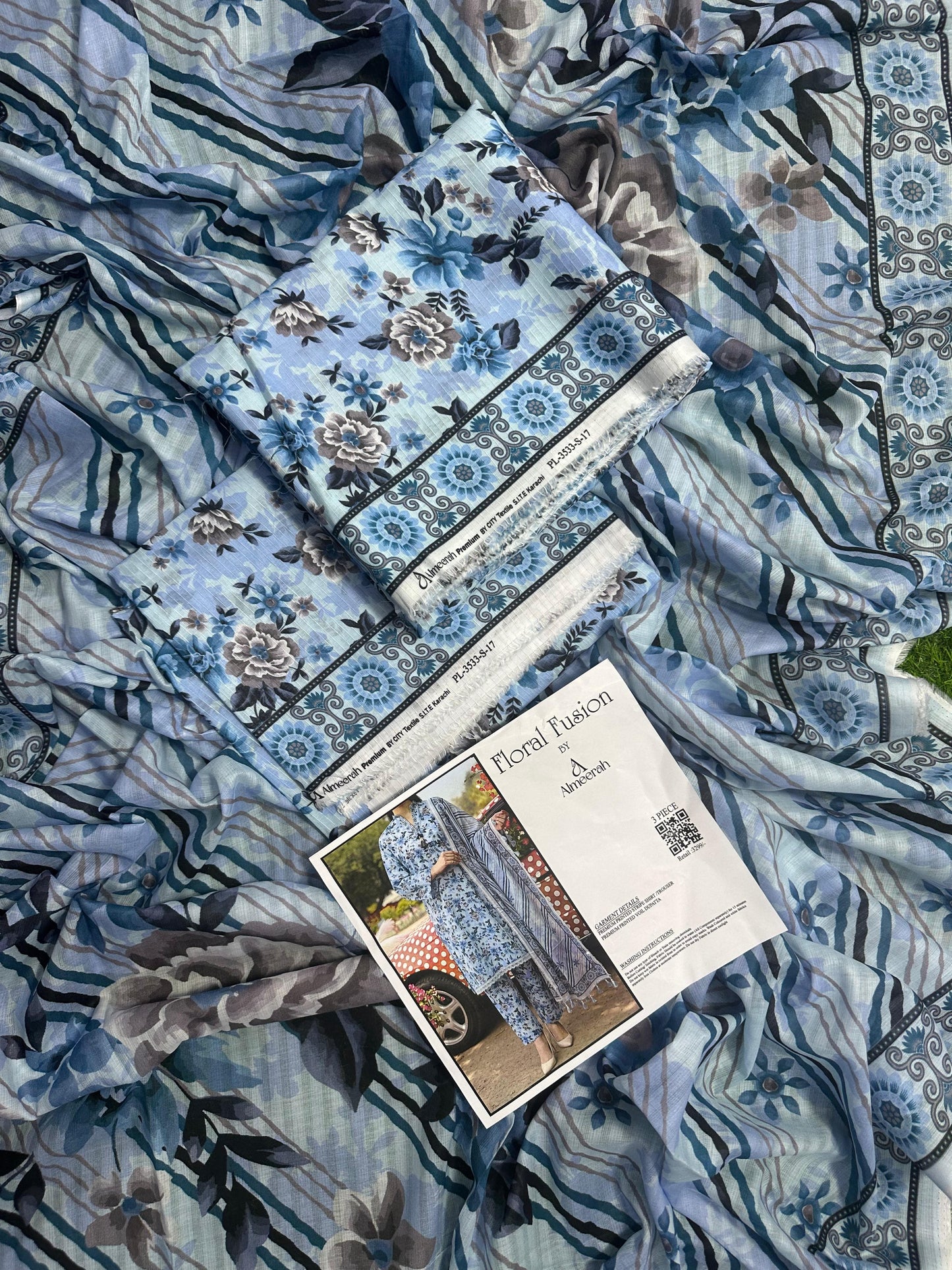 Floral Fusion By Almeerah D-4 -  3Pcs Printed Stripe Collection