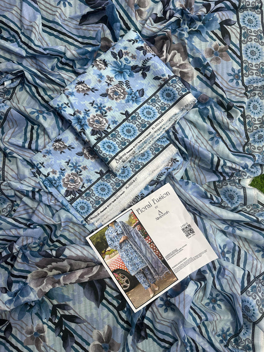 Floral Fusion By Almeerah D-4 -  3Pcs Printed Stripe Collection