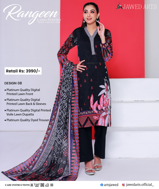 JAWED ARTS – RANGEEN–  3PC UNSTITCHED SUIT Design: 8