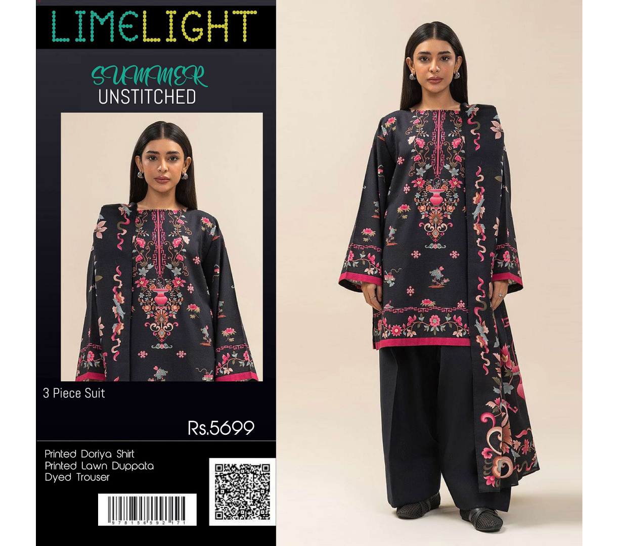 Limelight – Charcoal Black - Doriya Unstitched 3 PCs Unstitched Suit