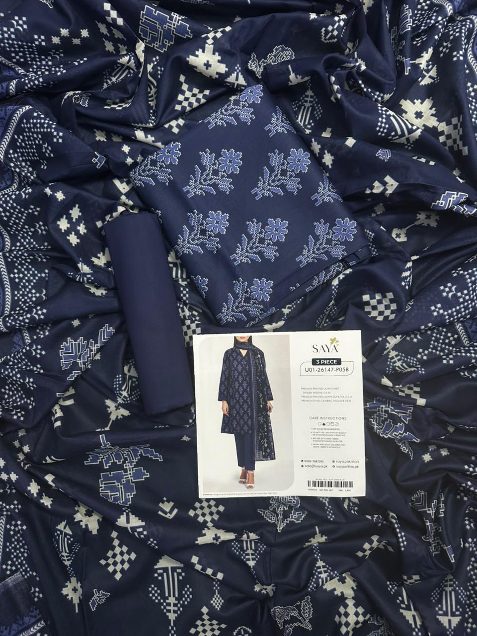 Saya Dark Blue 3PCs Printed Lawn Unstitched Collection