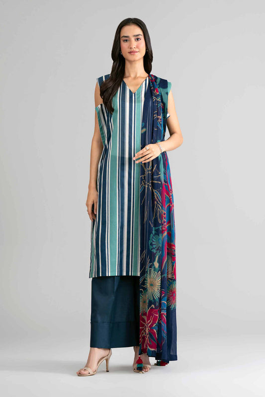 Nishat Navy 3Pcs Dobby Lawn
