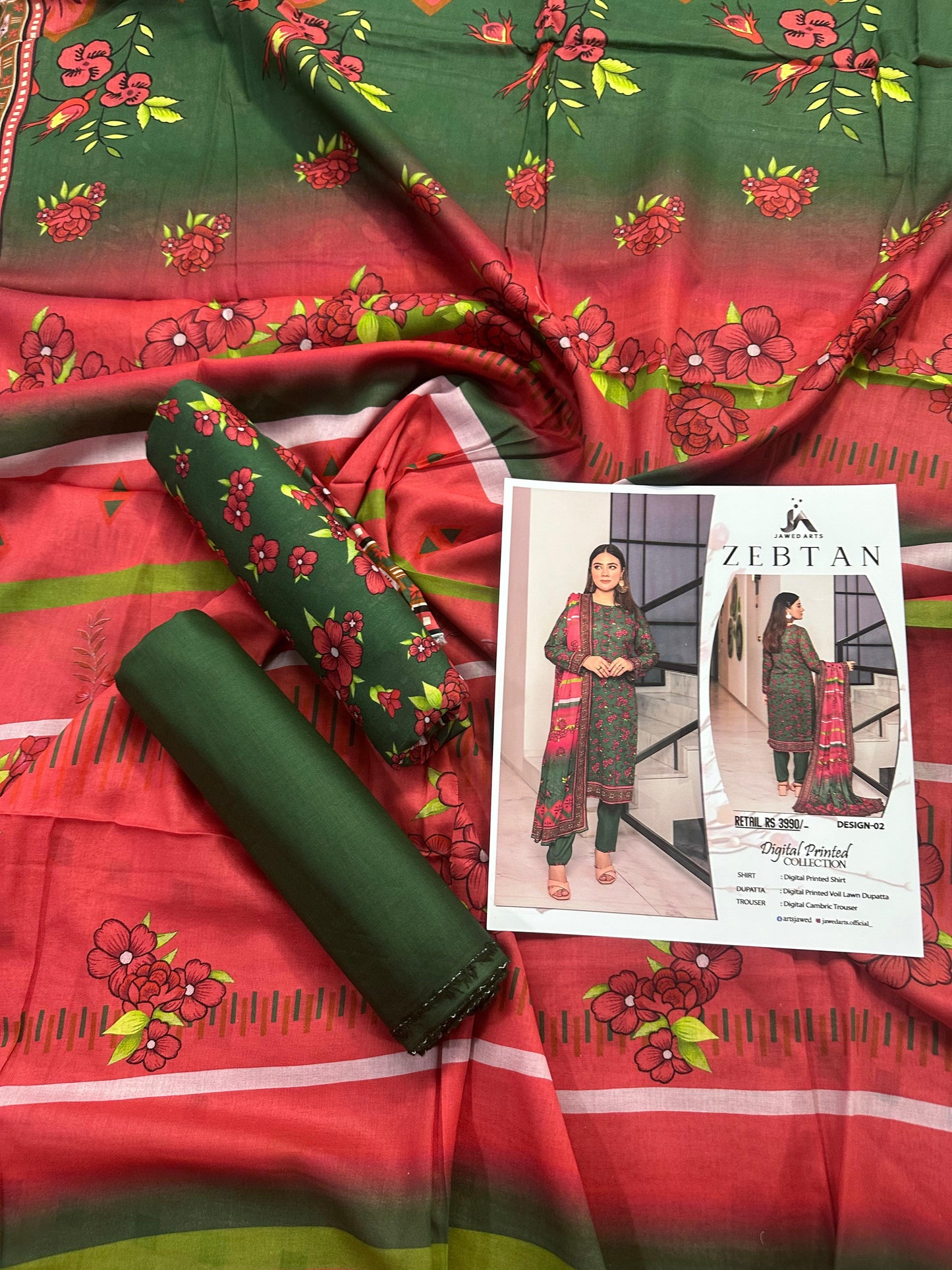 JAWED ARTS ZEBTAN –  3PC UNSTITCHED SUIT Design: 1