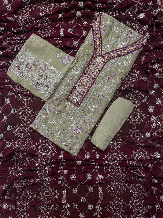 Luxury Olive-Maroon Chiffon Embroidered 3PCS