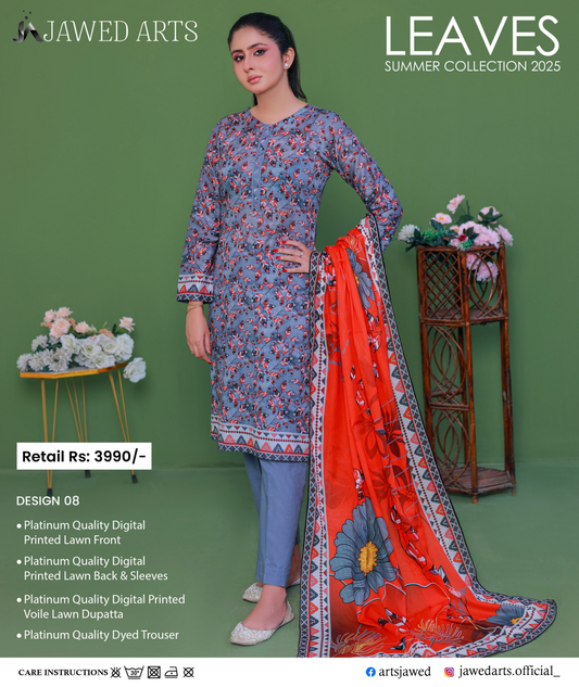 JAWED ARTS LEAVES –  3PC UNSTITCHED SUIT Design: 8