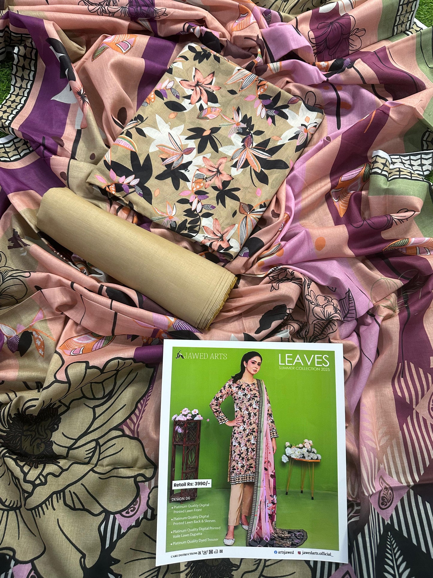 JAWED ARTS LEAVES –  3PC UNSTITCHED SUIT Design: 6