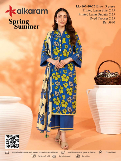 Alkaram 3 PCs Green Blue Printed Lawn Unstitched Collection