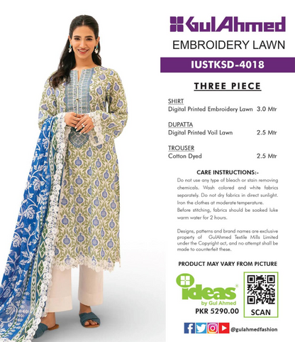 Gul Ahmed IUSTKSD-4018 Emb Lawn 3PCS