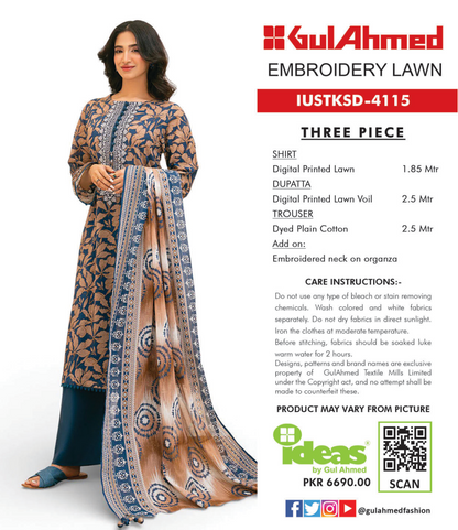 Gul Ahmed IUSTKSD-4115 Emb Lawn 3PCS