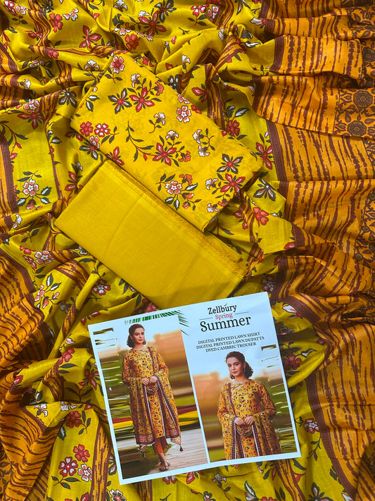 Zellbury Yellow Golden Printed Spring Summer 3Pcs