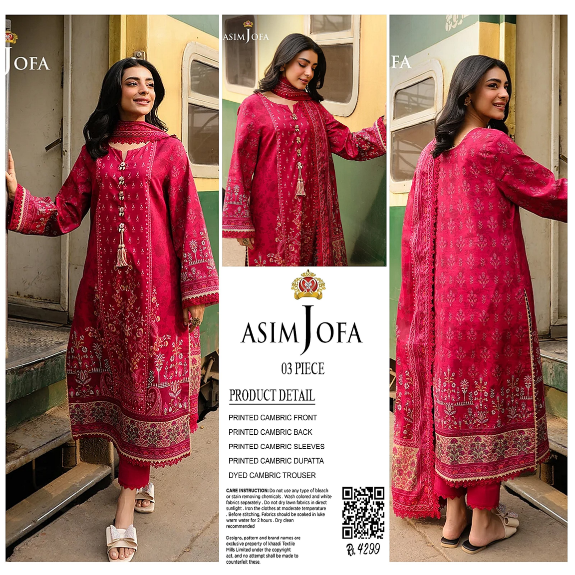 AsimJofa Red Printed 3Pcs