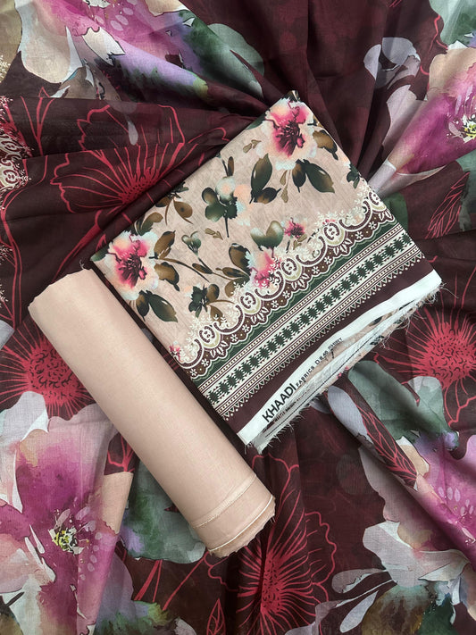 Khaadi Pink Floral Printed 3Pcs