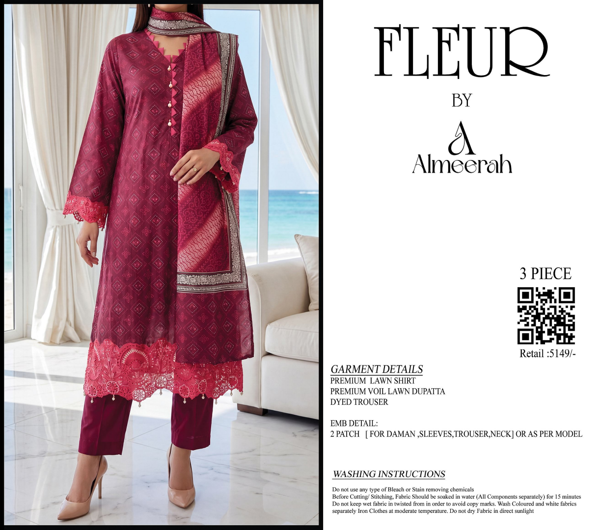 Fleur By Almeerah - Magenta Flame – Digital Chundri Lawn