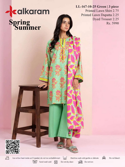 Alkaram 3 PCs Green Printed Lawn Unstitched Collection