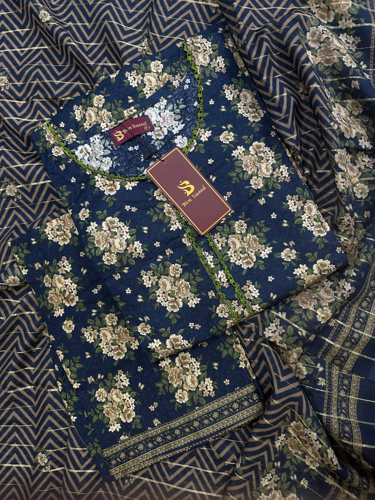 Bin Saeed Blue-Beige Stitched 3Pcs