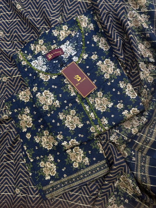 Bin Saeed Blue-Beige Stitched 3Pcs