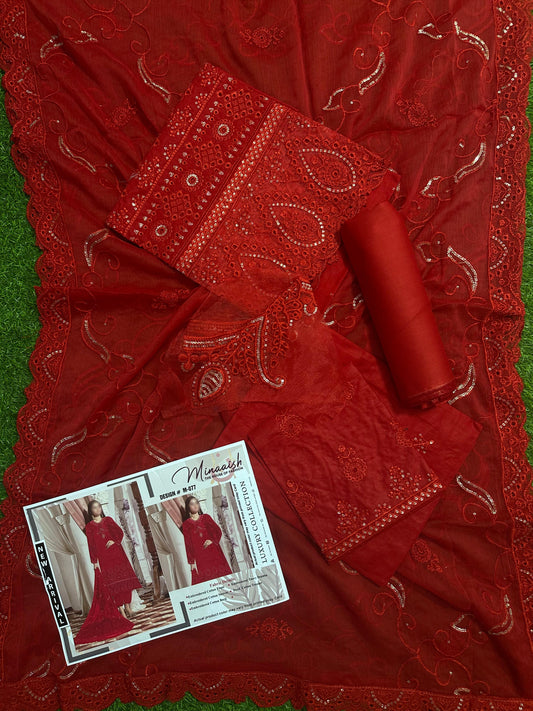 Minaaish DN # M-077 3Pcs Unstitched Embroidery Cotton Collection